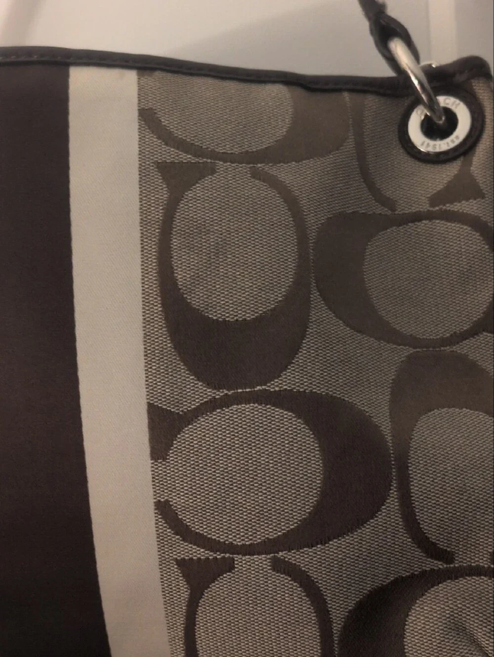Coach Hampton Khaki and Chocolate Signature Stripe Shoulder Bag